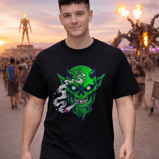 Smoking Green Demon Skull T-Shirt — Creepy Stoner Graphic Tee