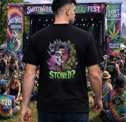 T-Shirt — 'Stoned?' Skull Face Graphic Tee for Cannabis Lovers