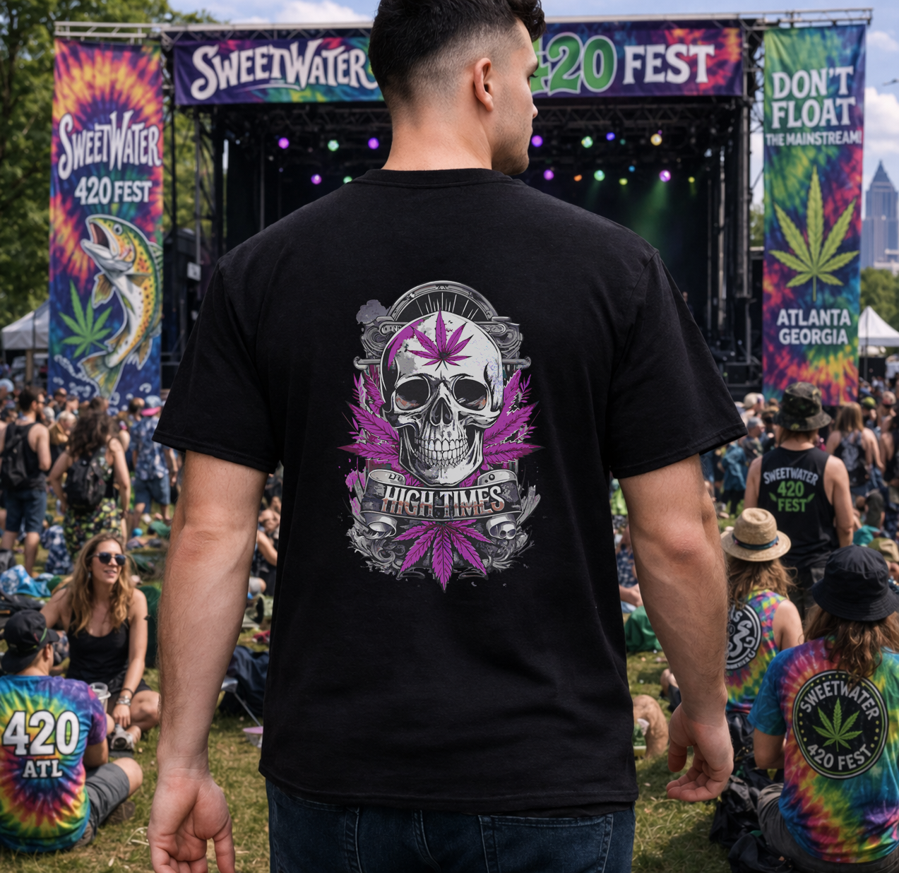Skull & Purple Cannabis Leaf Tee - "High Times" Graphic T-Shirt Both