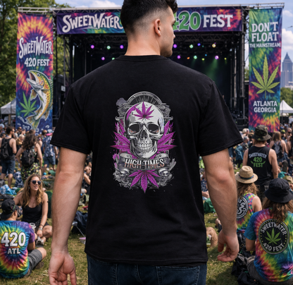 Skull & Purple Cannabis Leaf Tee - "High Times" Graphic T-Shirt Both