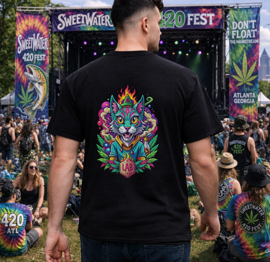 Psychedelic Flame Cat Graphic Tee — Colorful Trippy Cat Design