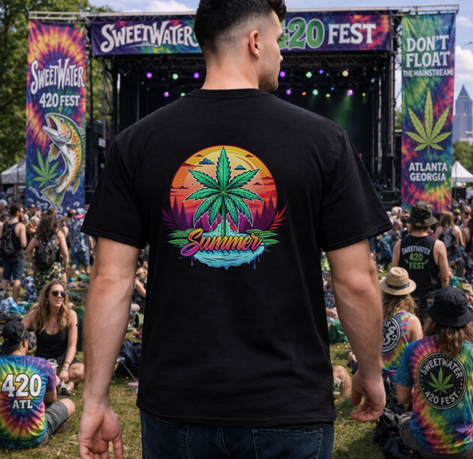 Summer Cannabis Leaf T-Shirt – Retro Tropical Sunset Tee Both