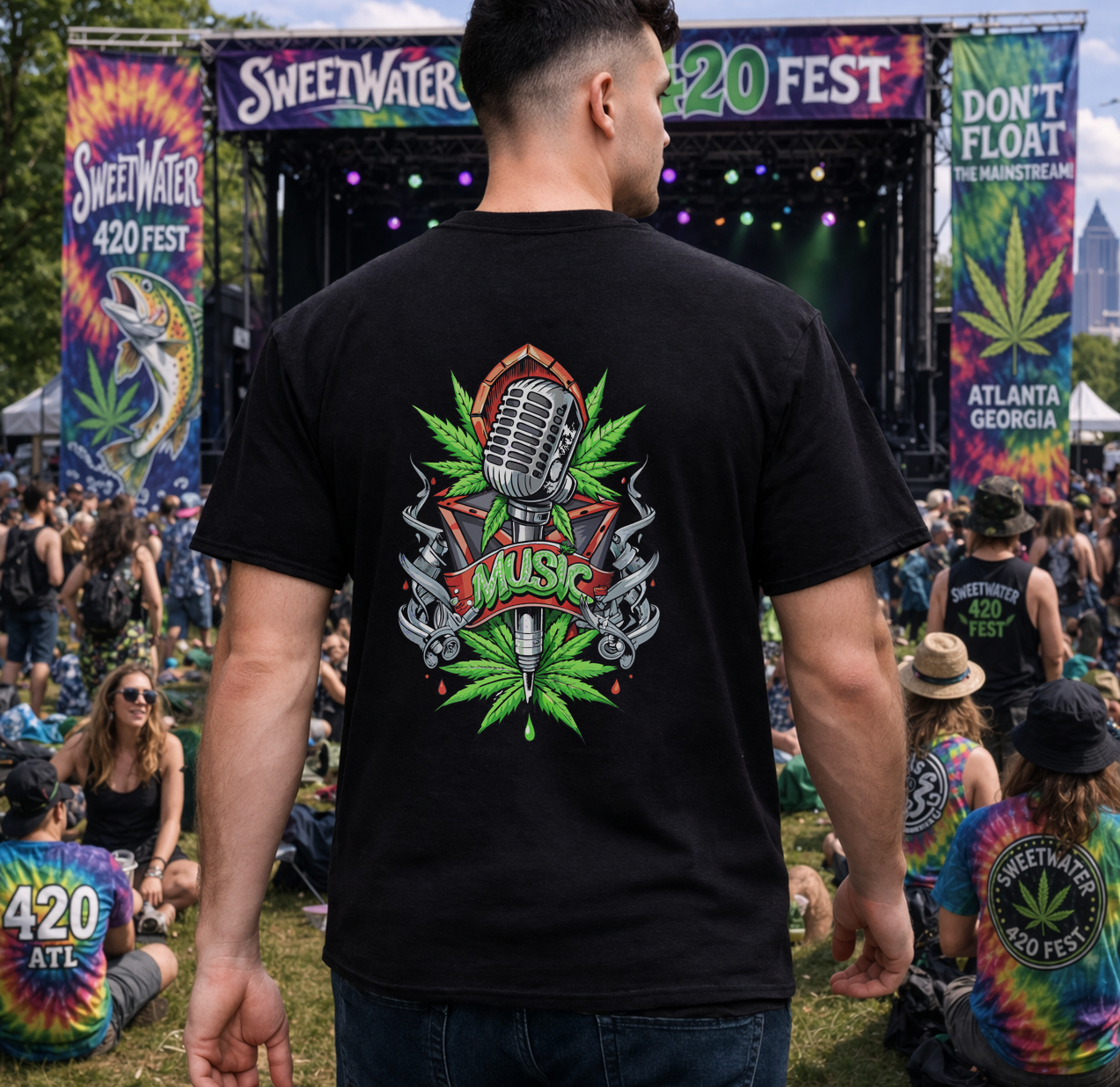 Music Microphone Tee — Retro Mic & Leaf Graphic T-Shirt