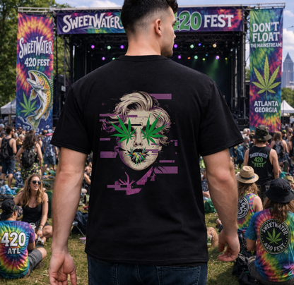 Vintage Portrait Tee — Glitch Art Face with Cannabis Leaf Mask