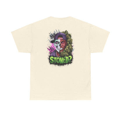 T-Shirt — 'Stoned?' Skull Face Graphic Tee for Cannabis Lovers