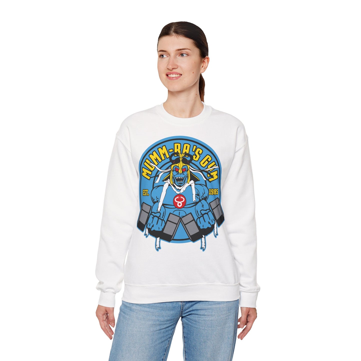 Mumm-Ra's Gym Sweatshirt - Vintage Style Unisex Crewneck for Fitness Enthusiasts White