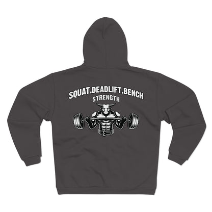 Strength Training Unisex Hooded Zip Sweatshirt - Squat, Deadlift, Bench Design