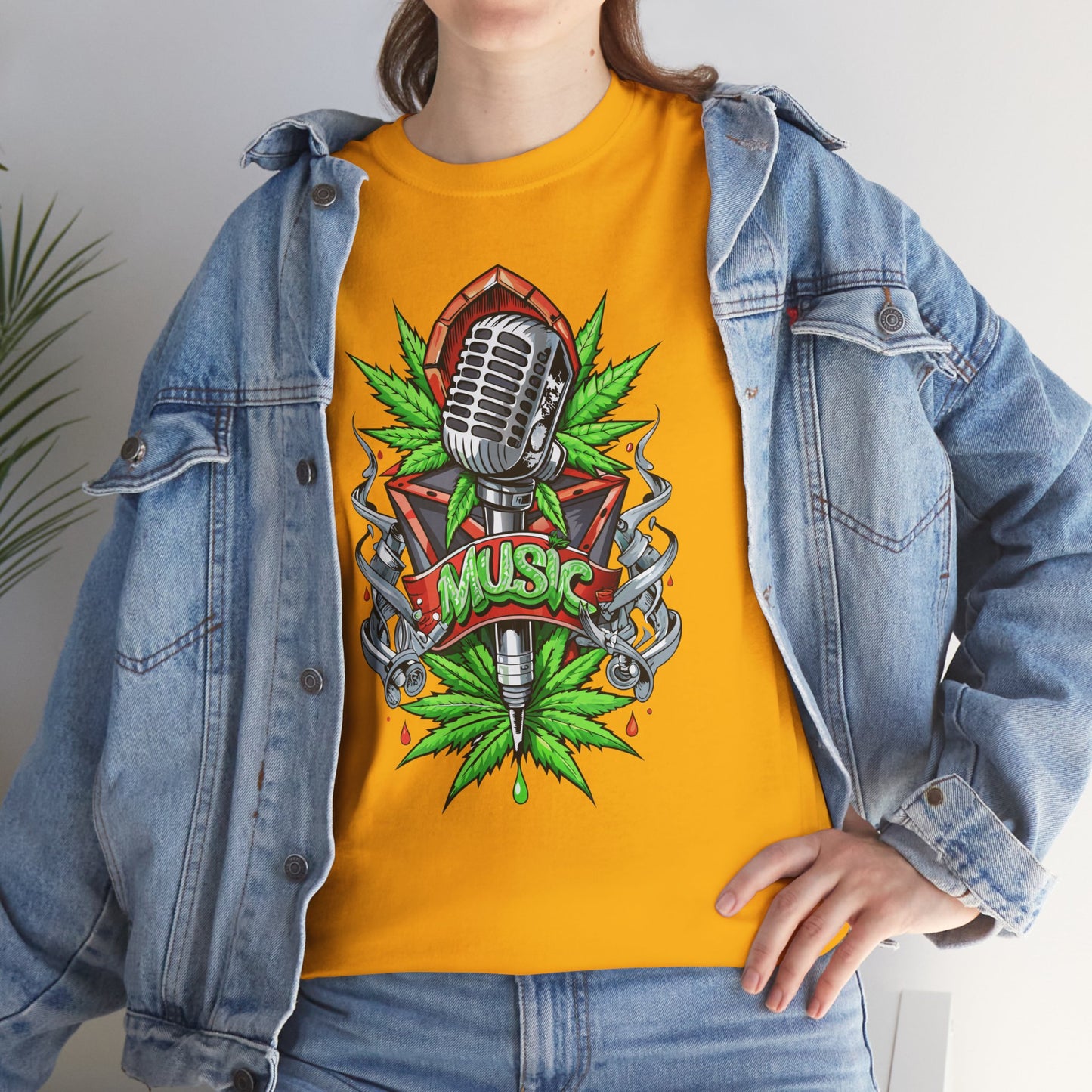 Music Microphone Tee — Retro Mic & Leaf Graphic T-Shirt
