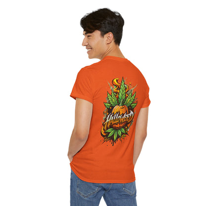 Hallowed Harvest Tee — Halloween Mask & Pumpkin Graphic T-Shirt