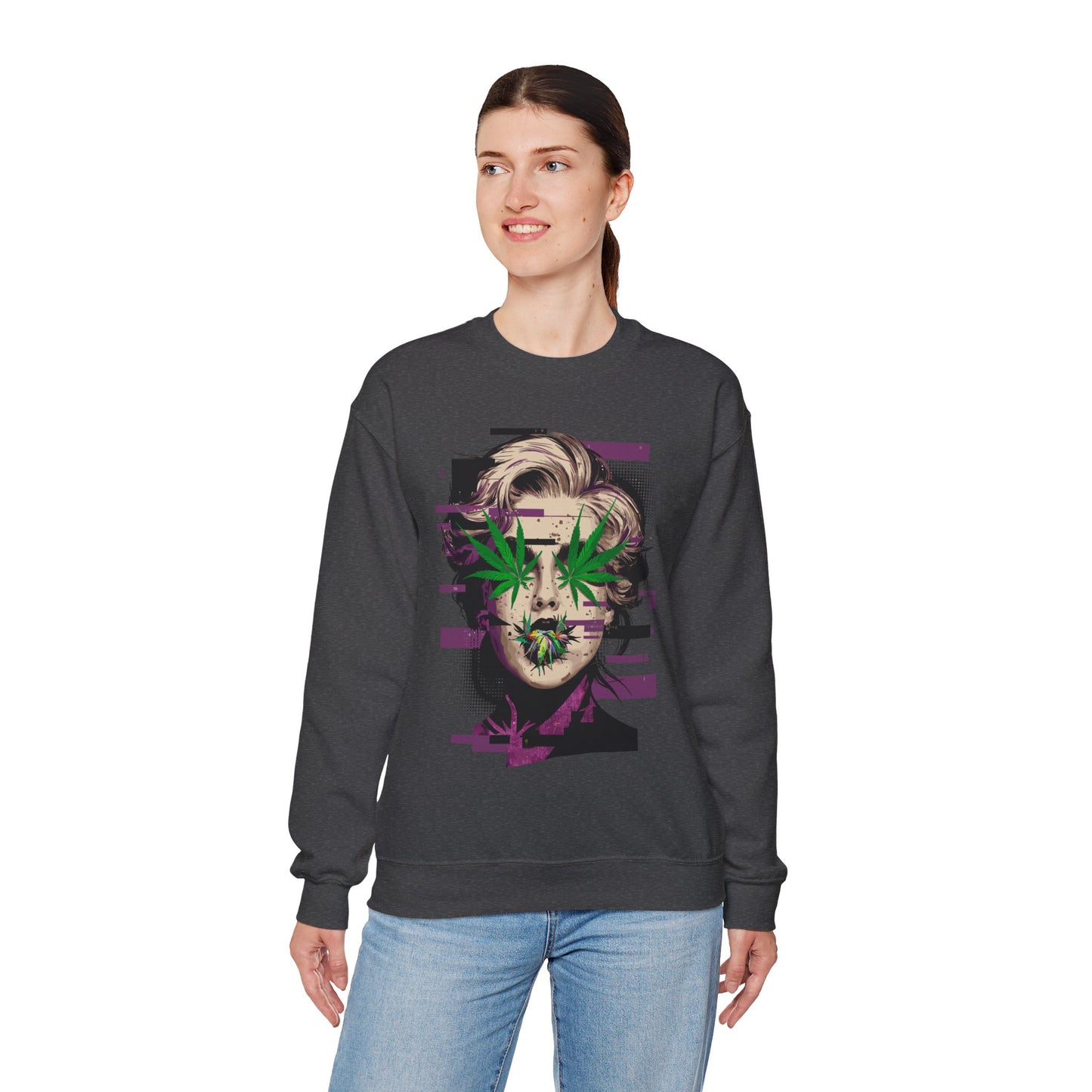 Vintage Portrait Sweatshirt — Glitch Art Face with Cannabis Leaf Mask