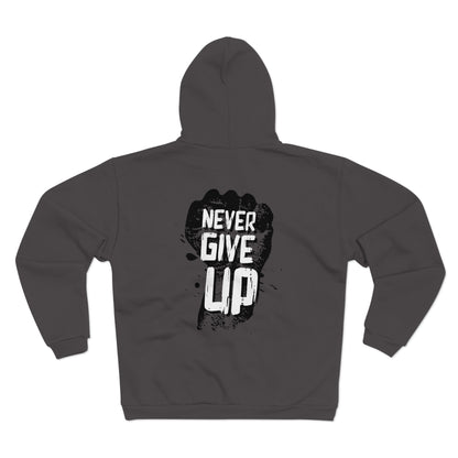 Unisex Hooded Zip Sweatshirt - "Never Give Up" Motivational Hoodie