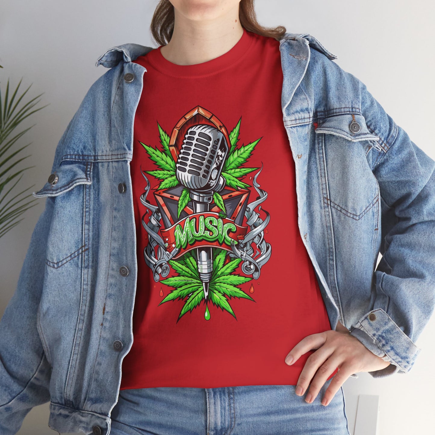 Music Microphone Tee — Retro Mic & Leaf Graphic T-Shirt