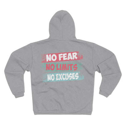 Motivational Unisex Hooded Zip Sweatshirt - No Fear, No Limits, No Excuses