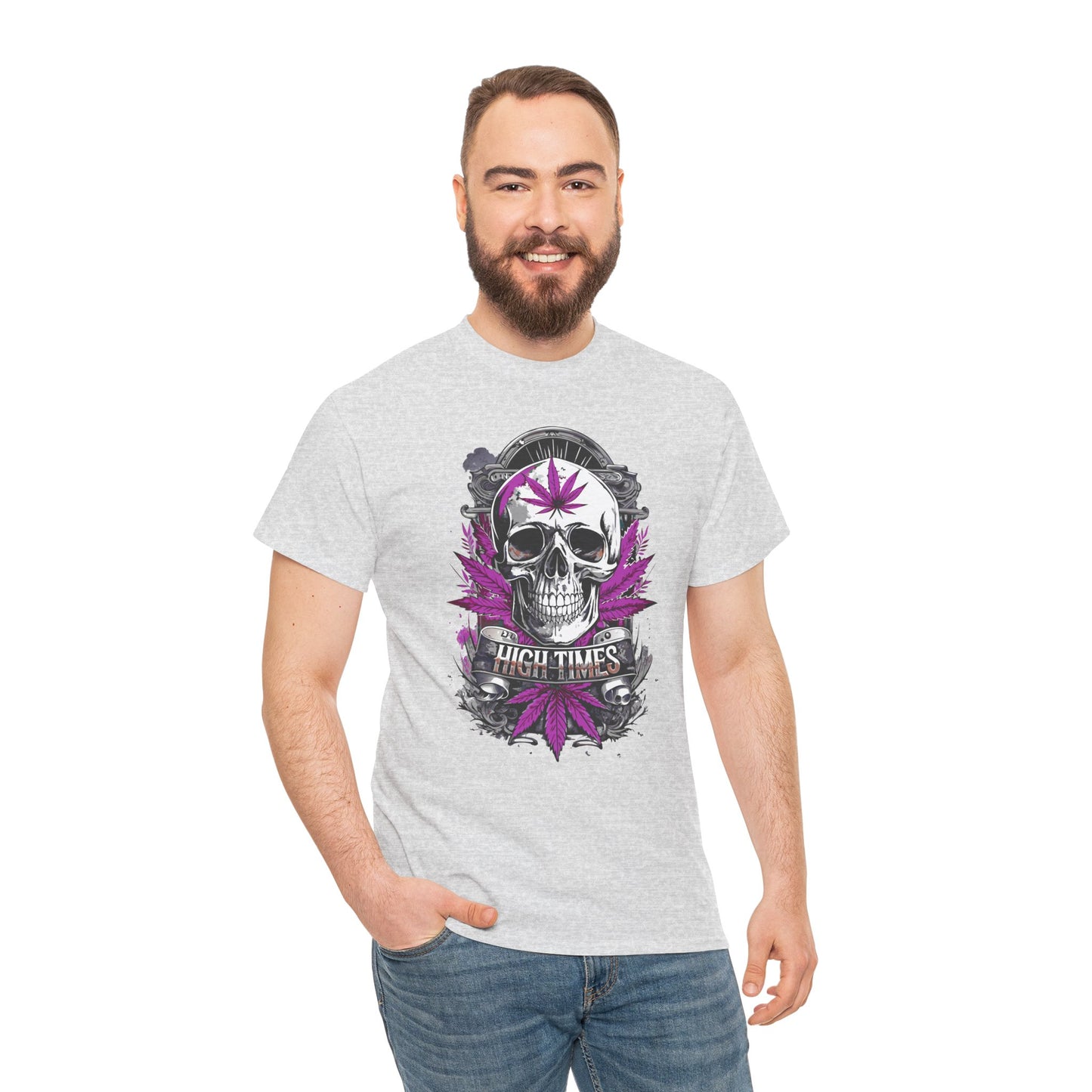 Skull & Purple Cannabis Leaf Tee - "High Times" Graphic T-Shirt Both