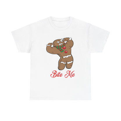 Funny Gingerbread Man Christmas T-Shirt - "Bite Me" Holiday Tee White