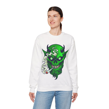 Smoking Green Demon Skull Sweatshirt — Creepy Stoner Graphic