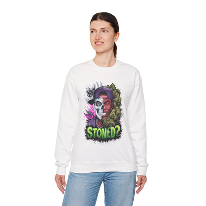 Sweatshirt— 'Stoned?' Skull Face Graphic for Cannabis Lovers