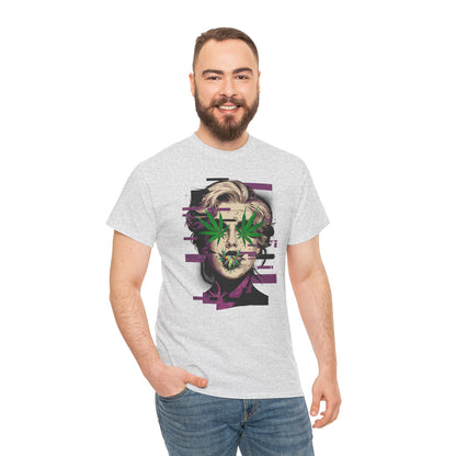 Vintage Portrait Tee — Glitch Art Face with Cannabis Leaf Mask