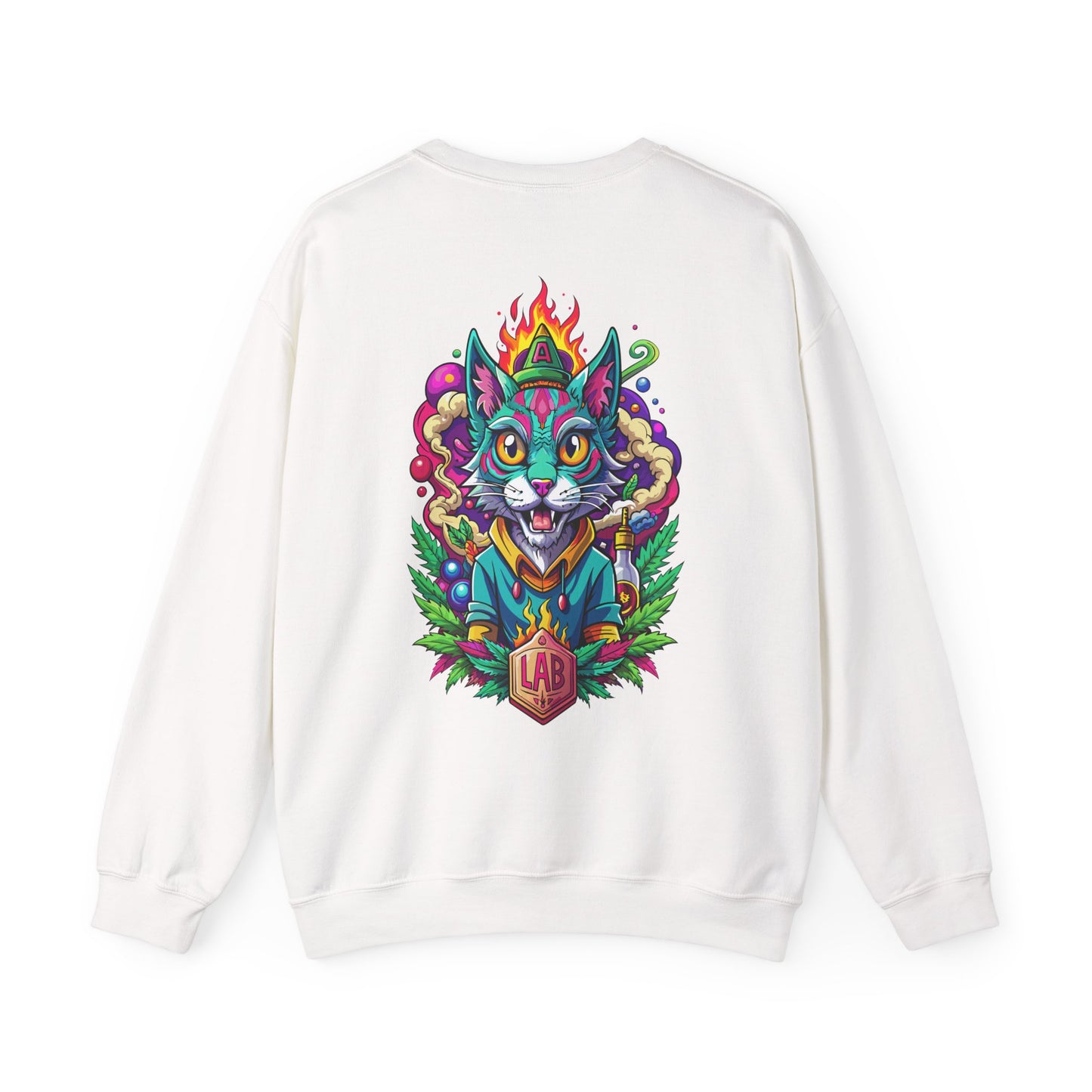 Psychedelic Flame Cat Graphic Sweatshirt — Colorful Trippy Cat Design