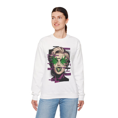 Vintage Portrait Sweatshirt — Glitch Art Face with Cannabis Leaf Mask