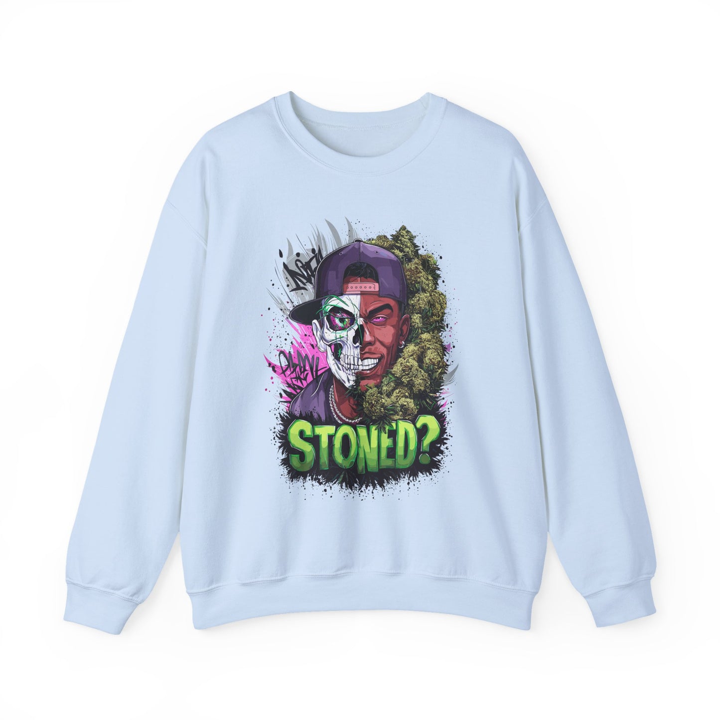 Sweatshirt— 'Stoned?' Skull Face Graphic for Cannabis Lovers