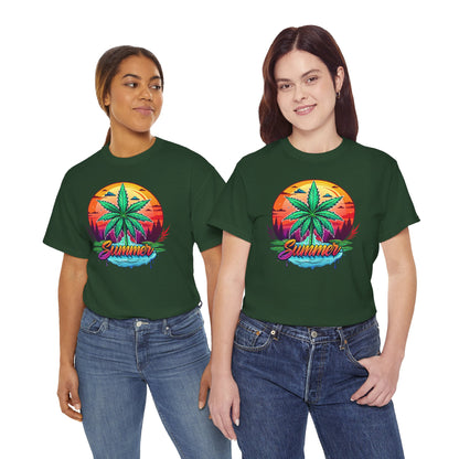 Summer Cannabis Leaf T-Shirt – Retro Tropical Sunset Tee Both