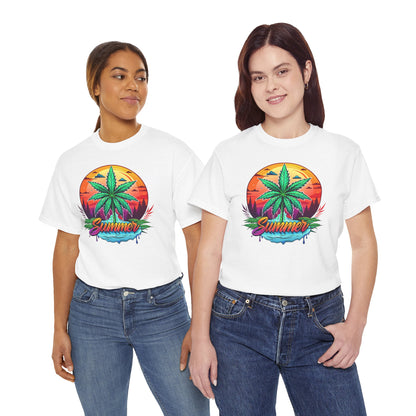 Summer Cannabis Leaf T-Shirt – Retro Tropical Sunset Tee Both