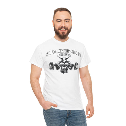 Strength Training Unisex Heavy Cotton Tee - Squat, Deadlift, Bench Design