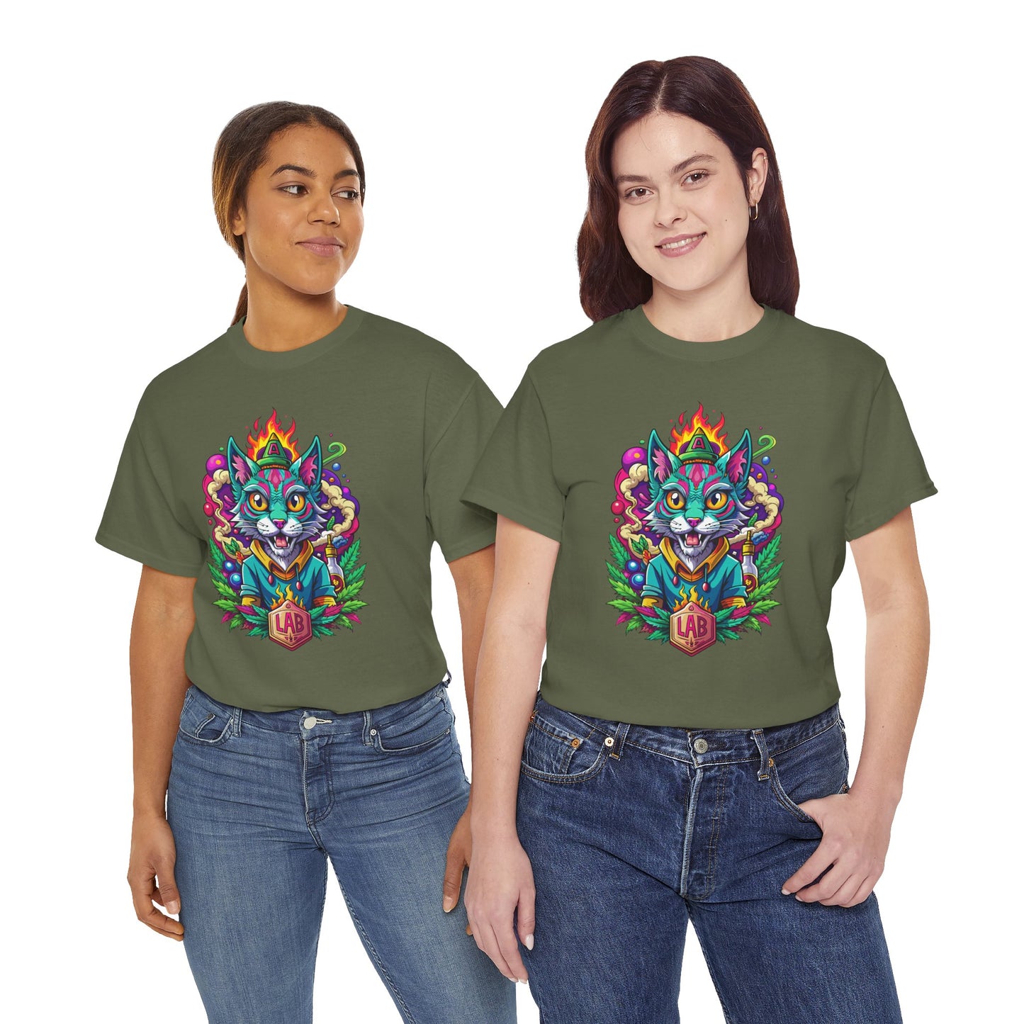 Psychedelic Flame Cat Graphic Tee — Colorful Trippy Cat Design