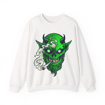 Smoking Green Demon Skull Sweatshirt — Creepy Stoner Graphic
