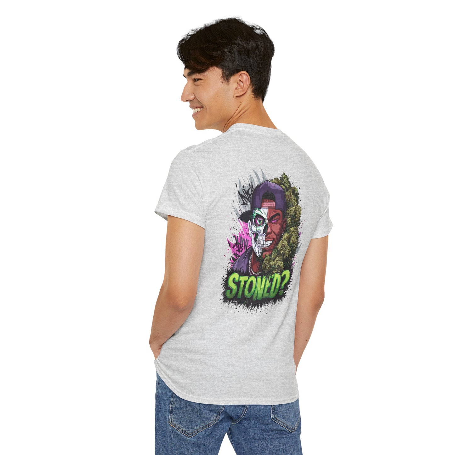 T-Shirt — 'Stoned?' Skull Face Graphic Tee for Cannabis Lovers