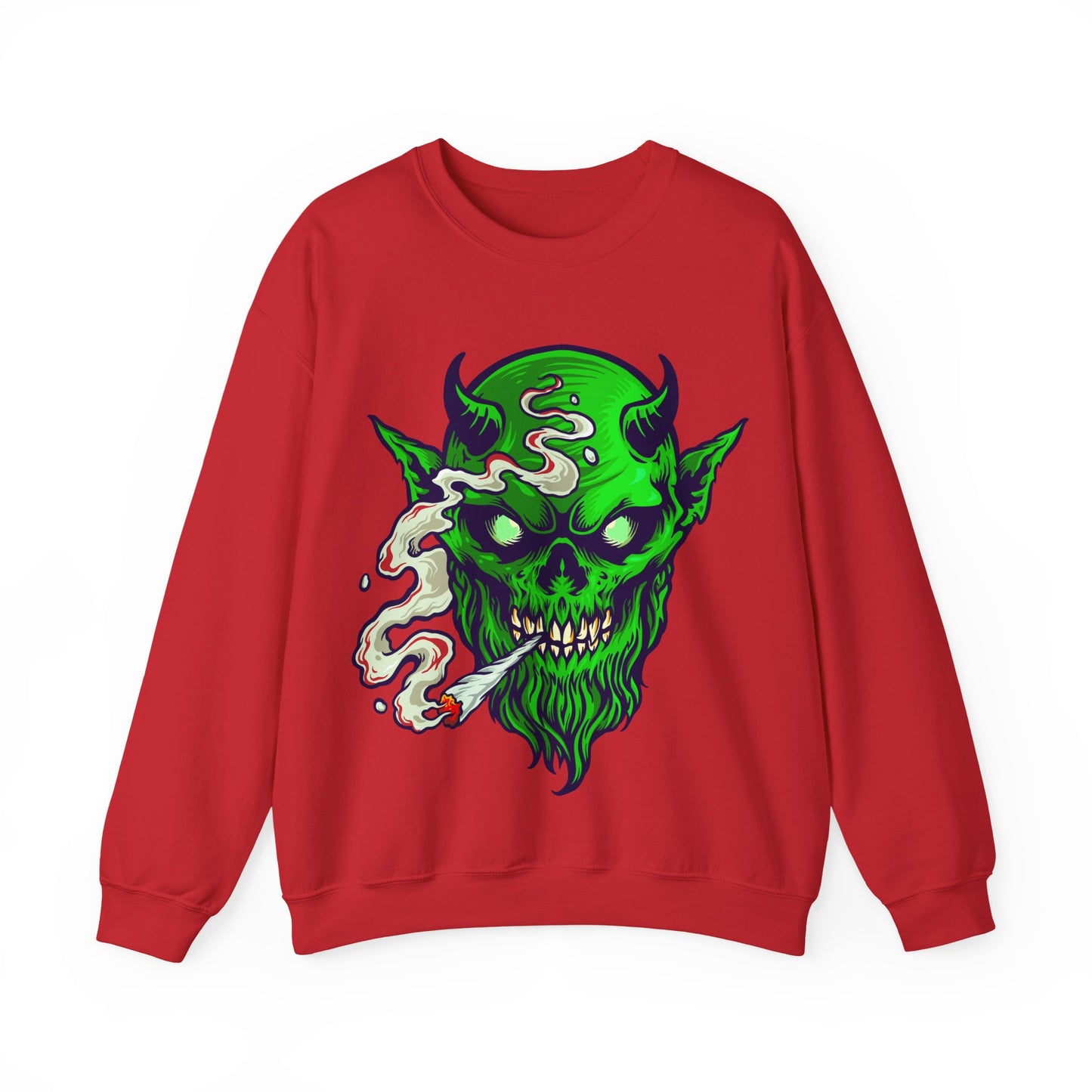 Smoking Green Demon Skull Sweatshirt — Creepy Stoner Graphic