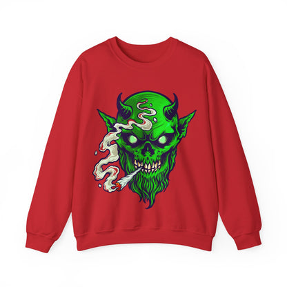 Smoking Green Demon Skull Sweatshirt — Creepy Stoner Graphic