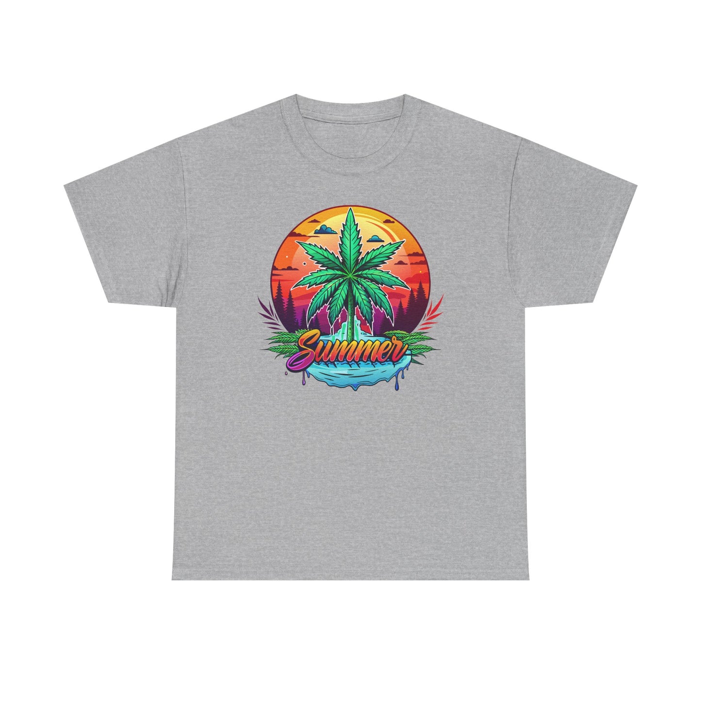 Summer Cannabis Leaf T-Shirt – Retro Tropical Sunset Tee