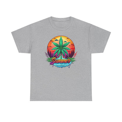 Summer Cannabis Leaf T-Shirt – Retro Tropical Sunset Tee
