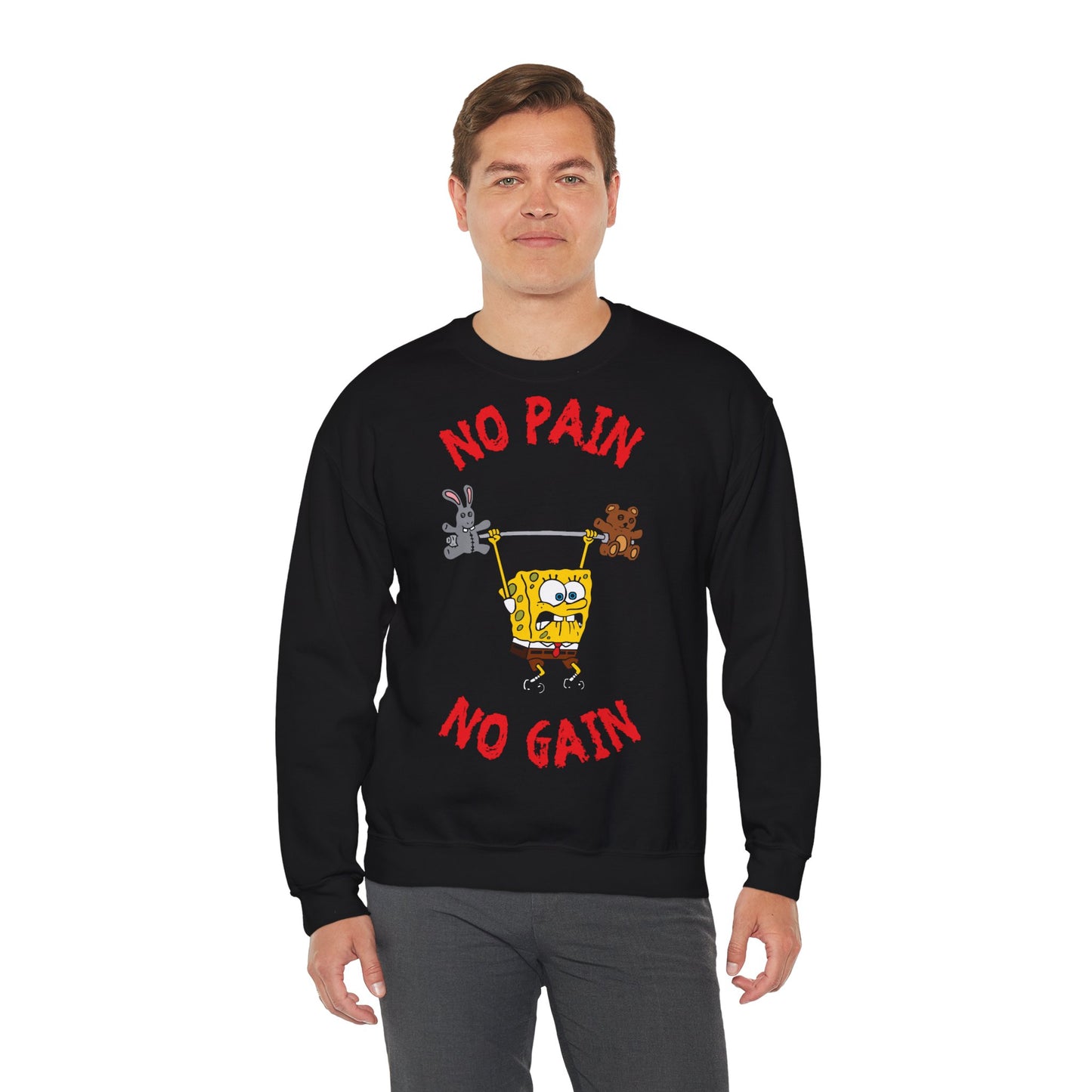 No Pain No Gain Unisex Heavy Blend™ Crewneck Sweatshirt | Fun SpongeBob Design for Fitness Lovers Black