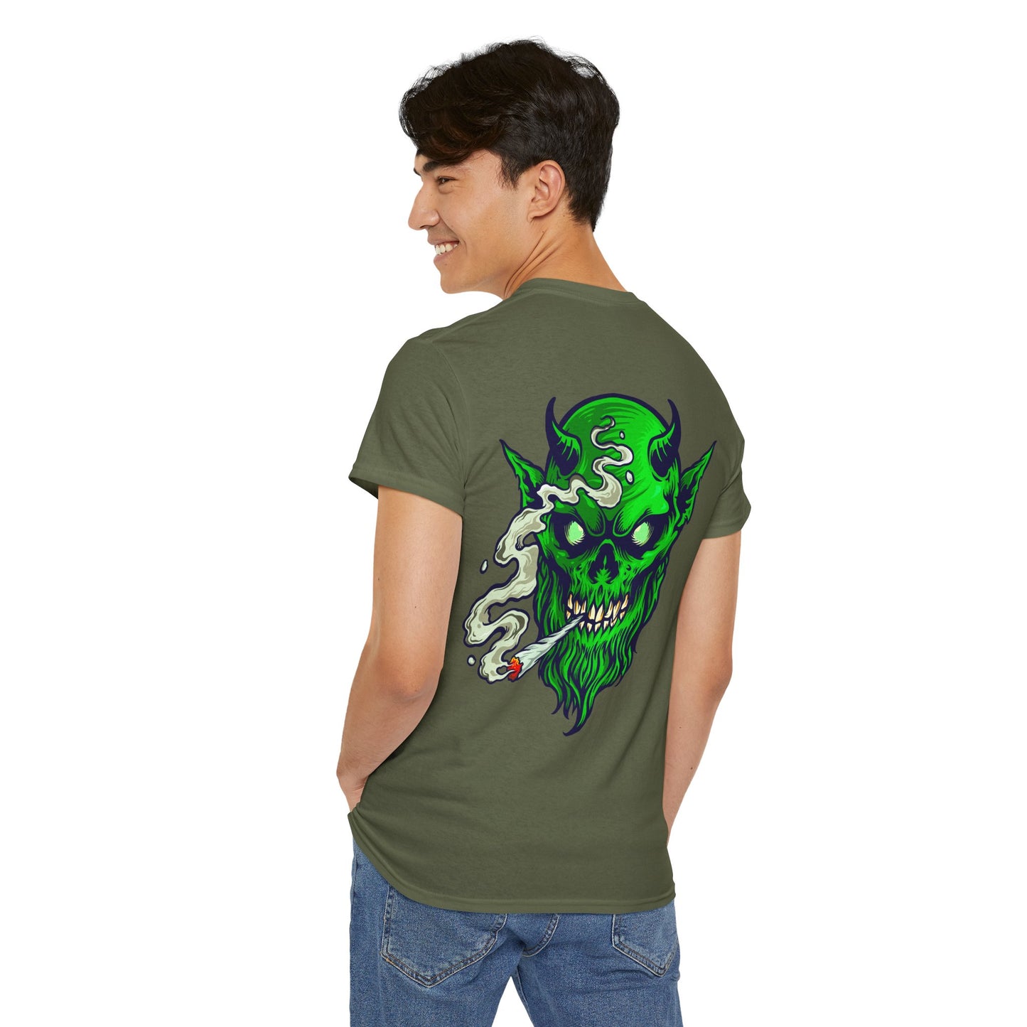 Smoking Green Demon Skull T-Shirt — Creepy Stoner Graphic Tee