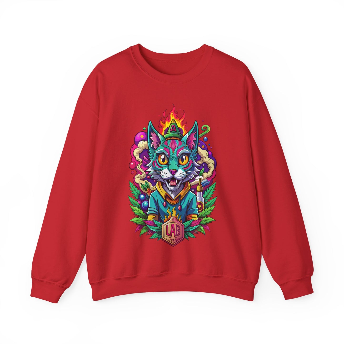 Psychedelic Flame Cat Graphic Sweatshirt — Colorful Trippy Cat Design