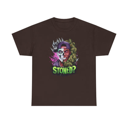 T-Shirt — 'Stoned?' Skull Face Graphic Tee for Cannabis Lovers