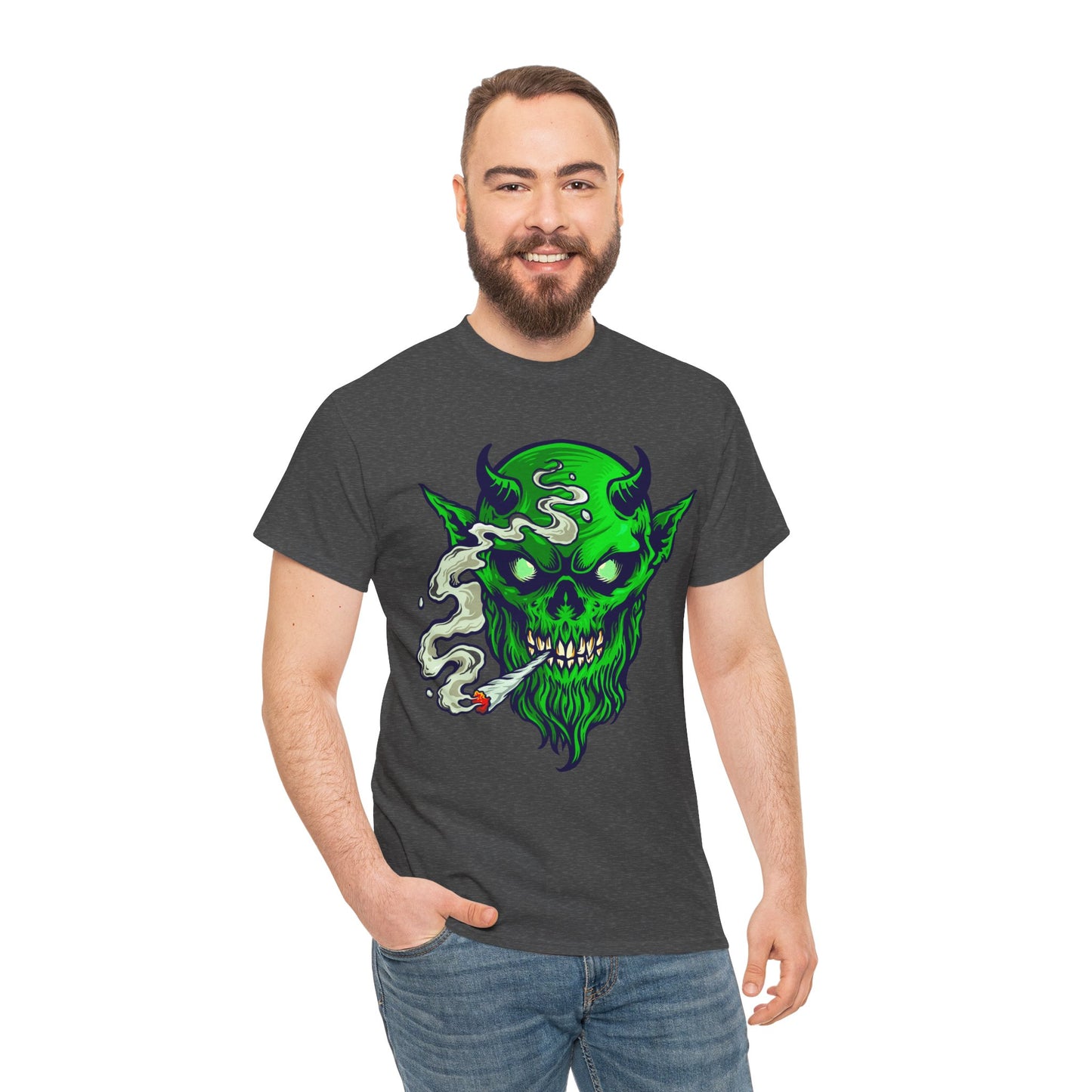 Smoking Green Demon Skull T-Shirt — Creepy Stoner Graphic Tee