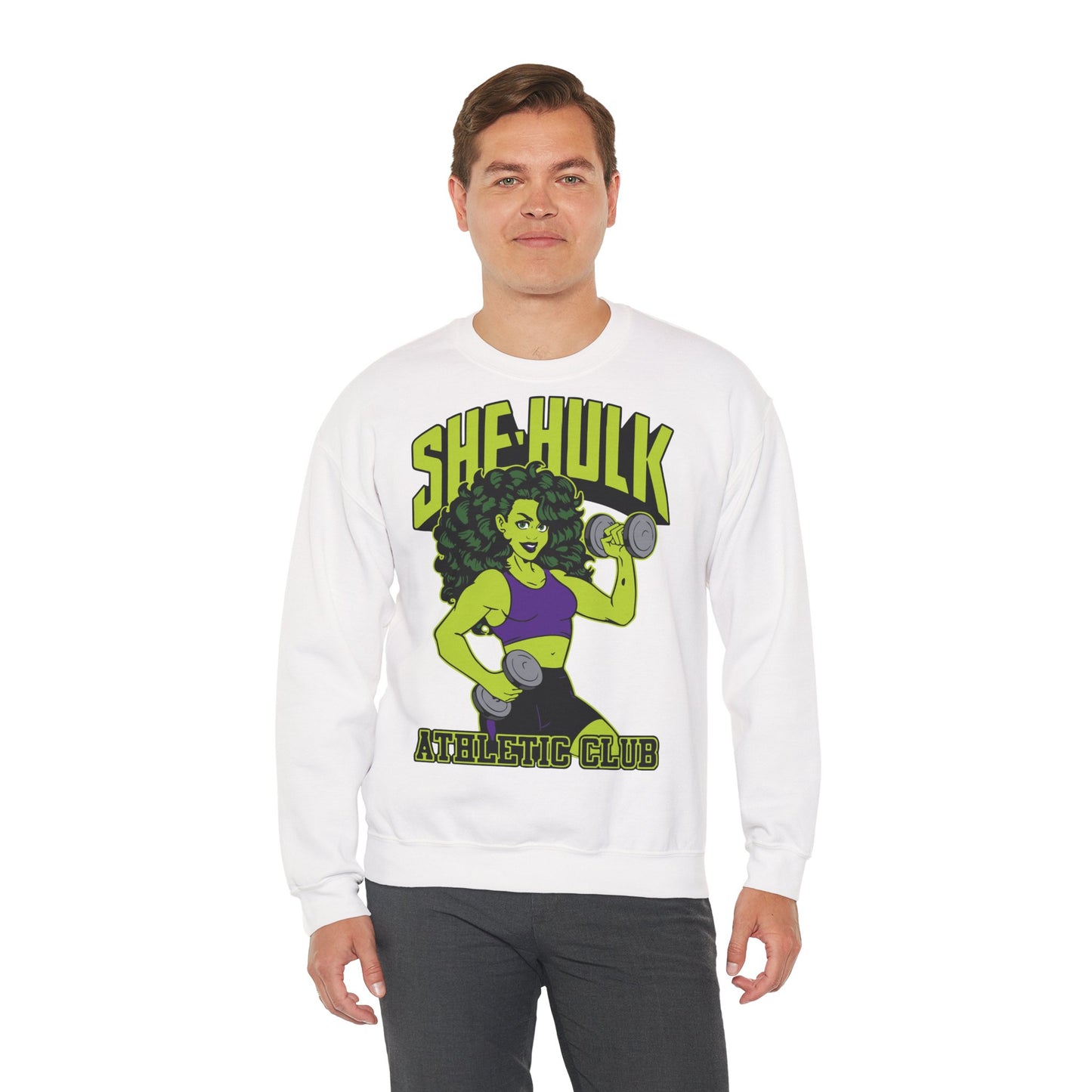 She-Hulk Athletic Club Unisex Heavy Blend™ Crewneck Sweatshirt  - Empowering Fitness T-Shirt for Superhero Fans White
