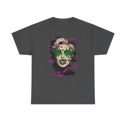 Vintage Portrait Tee — Glitch Art Face with Cannabis Leaf Mask