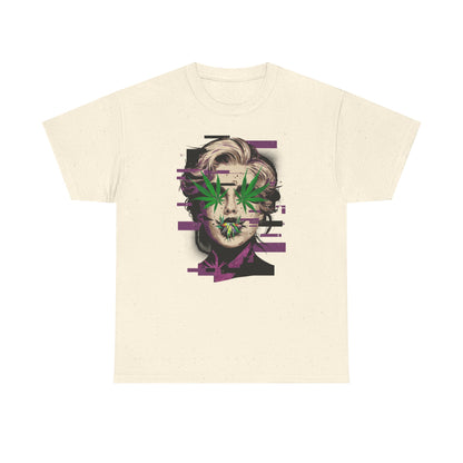 Vintage Portrait Tee — Glitch Art Face with Cannabis Leaf Mask