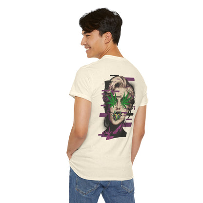 Vintage Portrait Tee — Glitch Art Face with Cannabis Leaf Mask