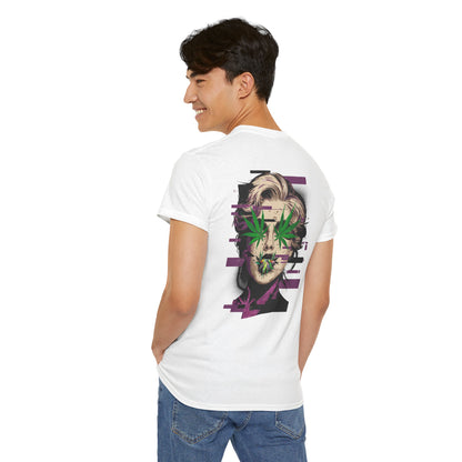Vintage Portrait Tee — Glitch Art Face with Cannabis Leaf Mask
