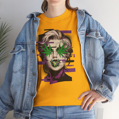 Vintage Portrait Tee — Glitch Art Face with Cannabis Leaf Mask