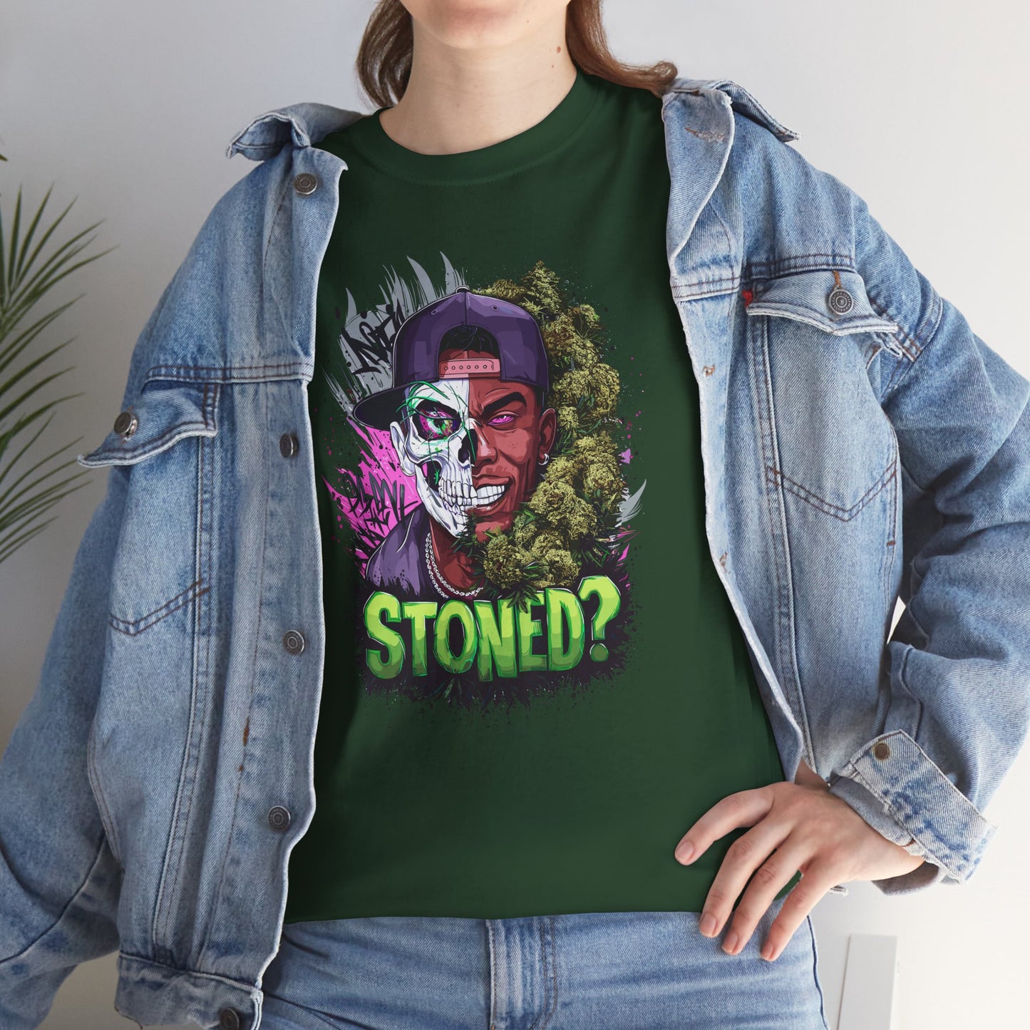 T-Shirt — 'Stoned?' Skull Face Graphic Tee for Cannabis Lovers