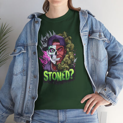 T-Shirt — 'Stoned?' Skull Face Graphic Tee for Cannabis Lovers