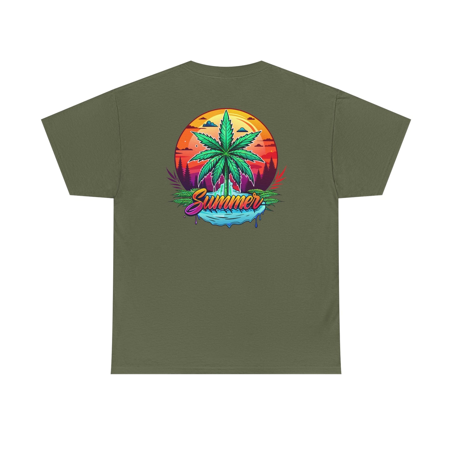 Summer Cannabis Leaf T-Shirt – Retro Tropical Sunset Tee Both