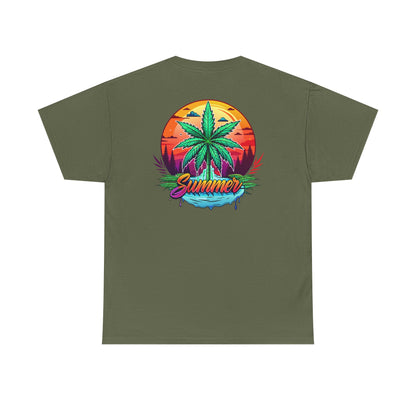 Summer Cannabis Leaf T-Shirt – Retro Tropical Sunset Tee Both